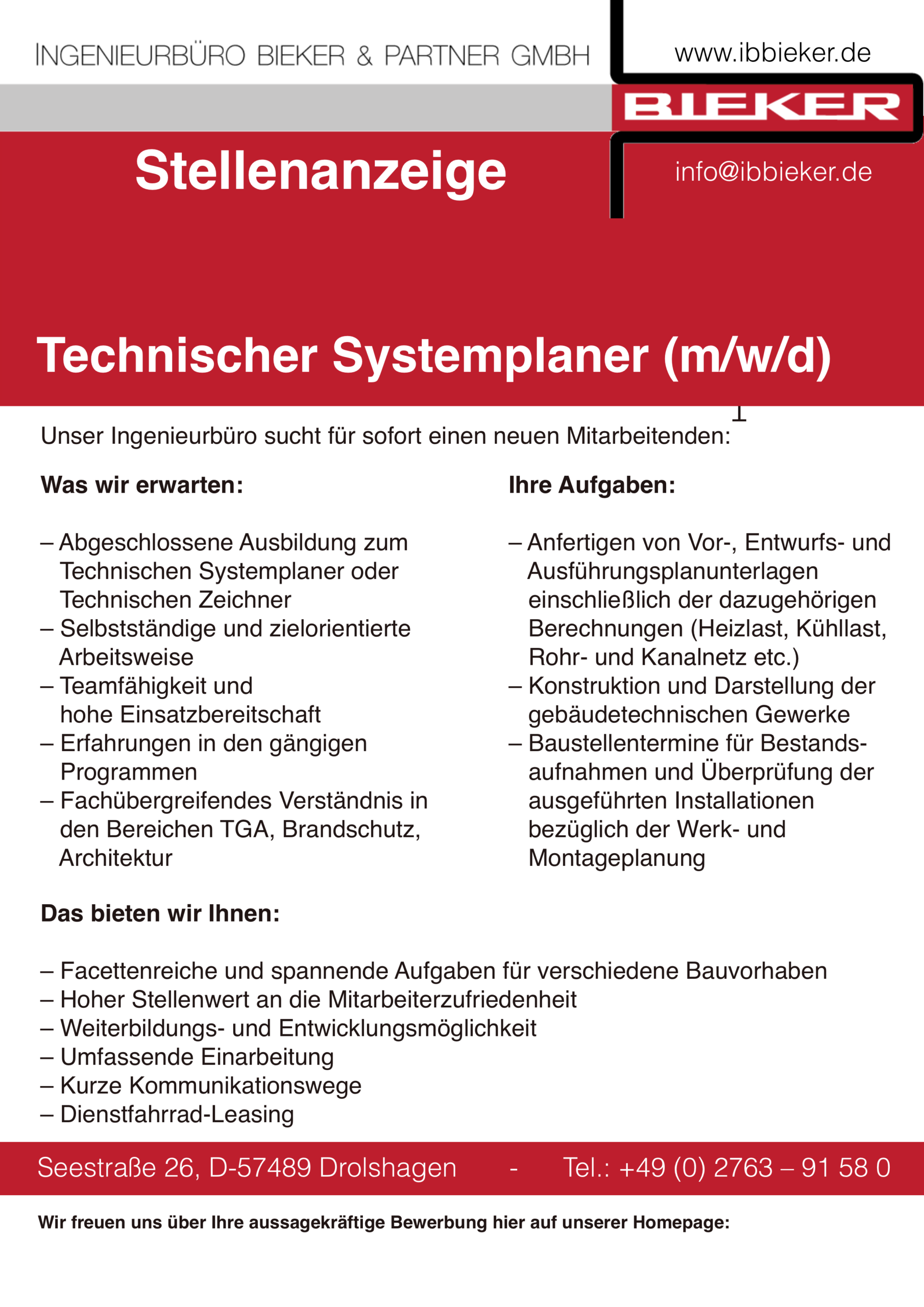 Stellenanzeige Technischer Systemplaner - Bieker & Partner - Drolshagen-Herpel.