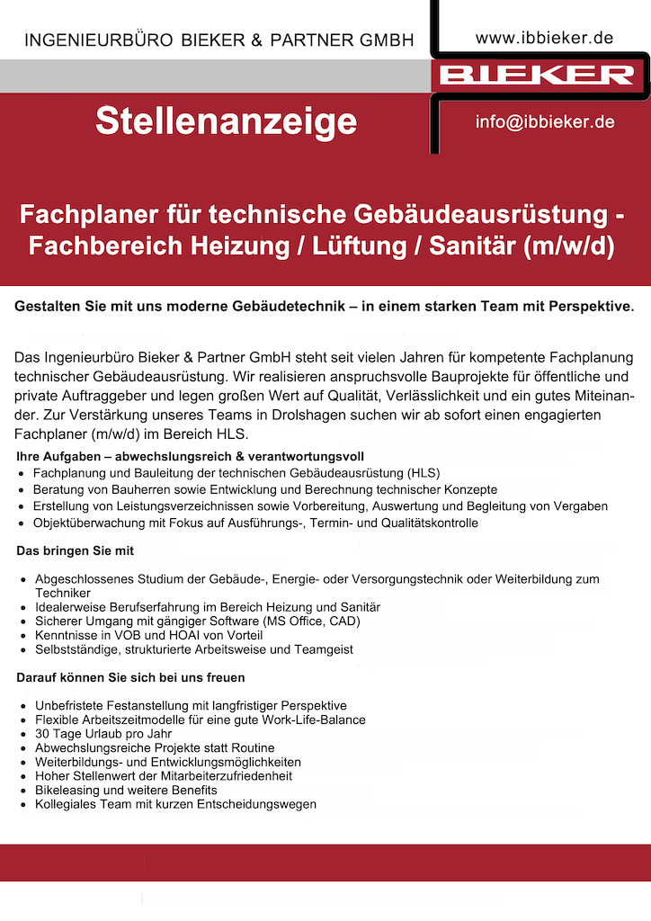 Stellenanzeige Fachplaner Technische Gebäudeausrüstung.